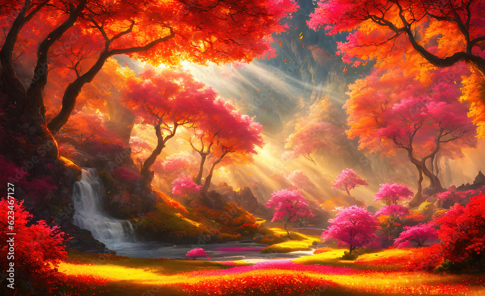 An autumn colorful landscape, beautiful orange red trees in the forest near river. Generative Ai.