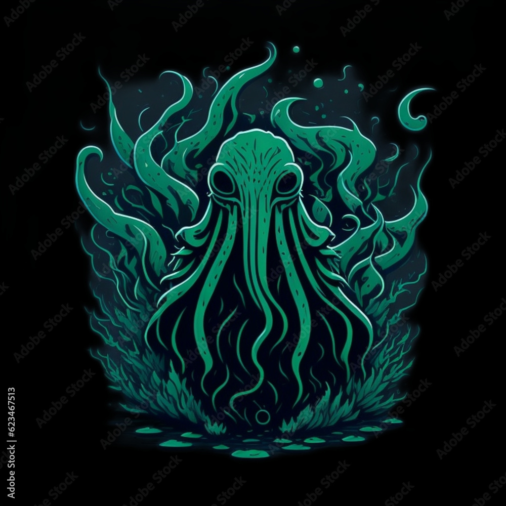 Fototapeta premium colorful T-shirt print of abyssal animals, Cosmis Horror, Cthullu.