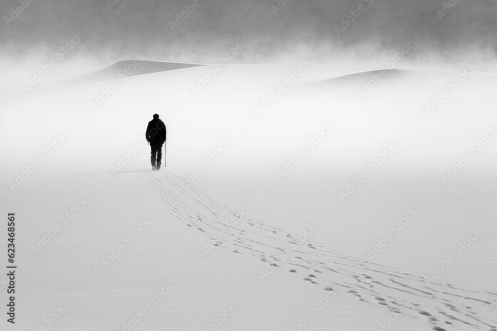 void vast emptyness man walking lonelyness,silhouette of a person in the snow