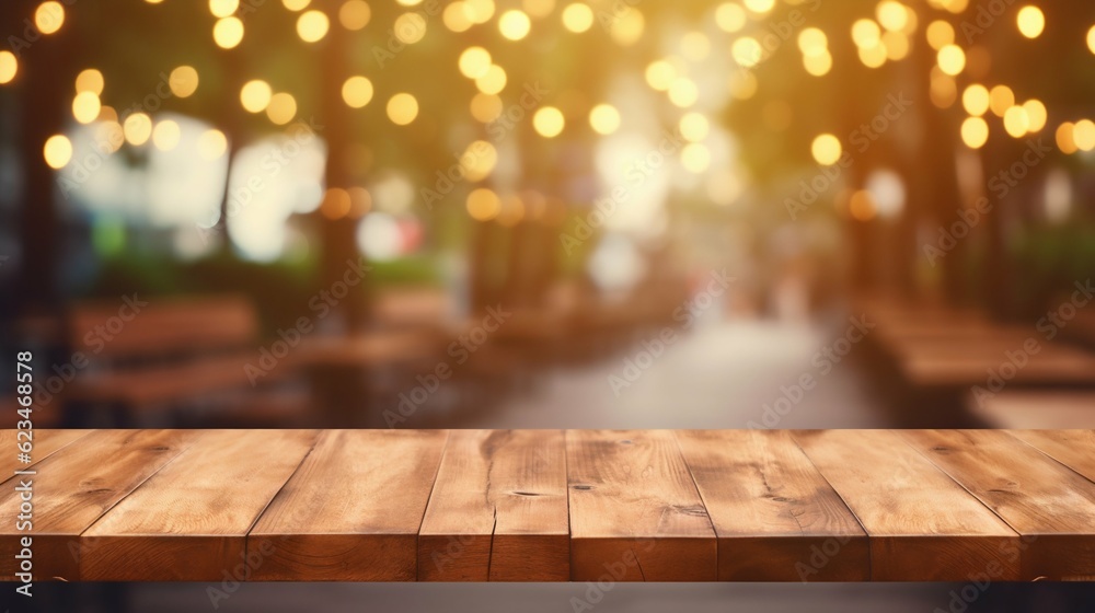 Empty Wooden Table with a Blurred Outdoor Cafe Background. Generative ai