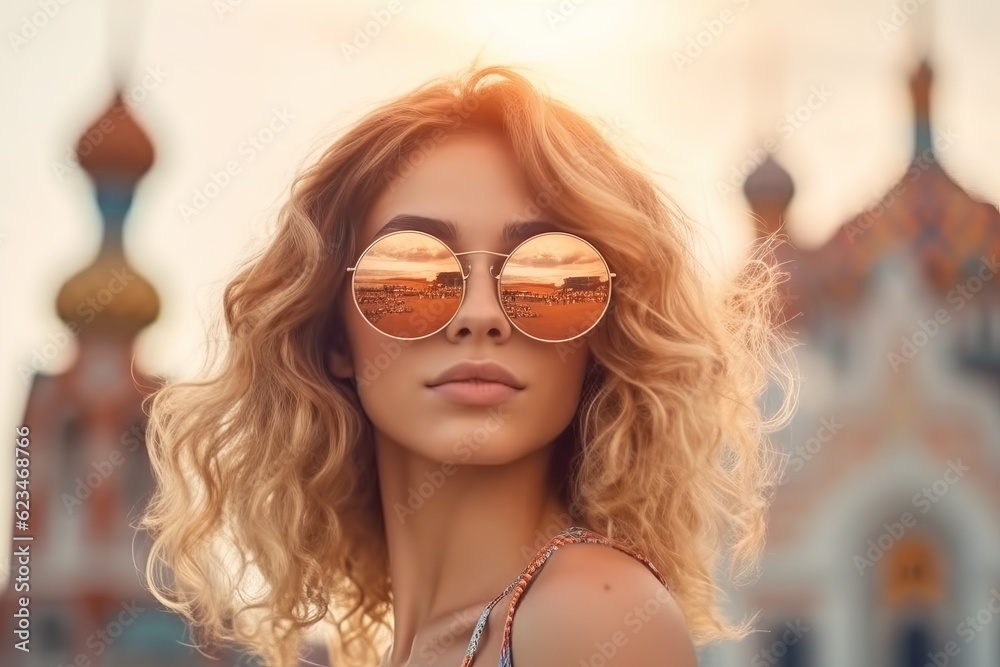 Young beautiful woman wearing big sunglasses. Wanderlust travel concept
