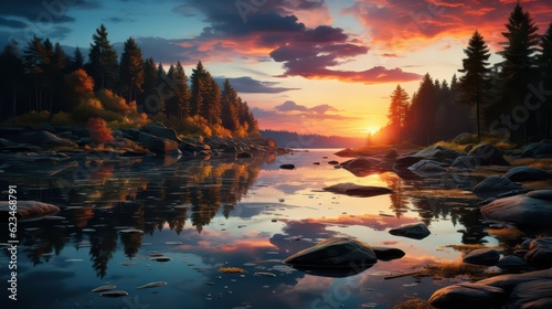 Breathtaking forest sunset reflection calm waters nature landscape