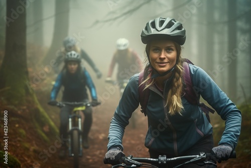 Smiling young woman in cycling gear riding her mountain bike with friends in a misty forest © Oleksii Halutva