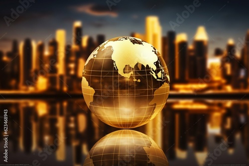 Golden Globe Earth  Finance Concept of Global Business with Skyscrapers Bokeh in the Background. Generative ai