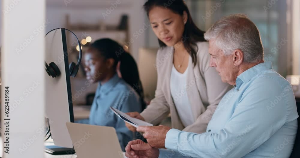 Corporate, manager help employee and talking with teamwork, collaboration and discussion with technology. Staff, coworkers and male supervisor with a woman, documents or conversation with teamwork