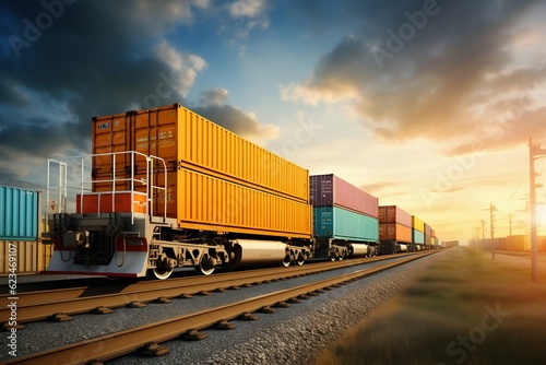 Freight Transportation Delivering Cargo Containers via Land Vehicle and Railroad Track. Generative ai