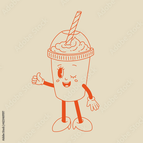 Retro poster with coffee mascot, cartoon characters, funny line doodle style characters, cappuccino, cocoa, latte, espresso. Vector illustration on beige isolated background.