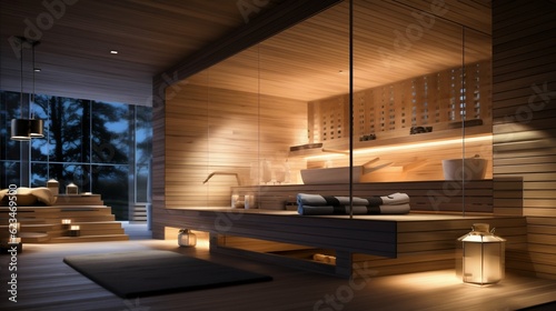 Modern Luxury Sauna in a Home Interior. Generative ai