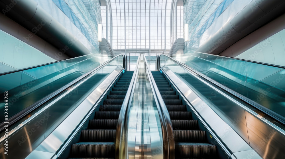 Escalators in a High-Tech Shopping Hub. Generative AI Escalators in a High-Tech Shopping Hub. Generative AI
