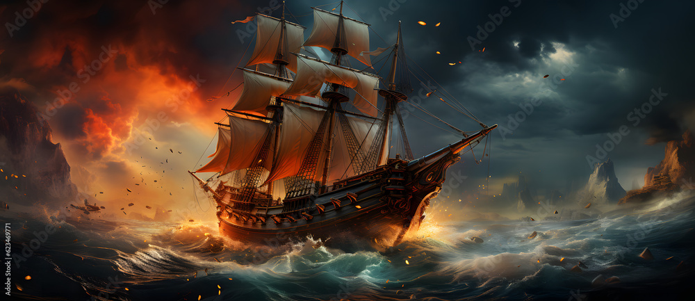 Fototapeta premium an illustration of a pirate ship fighting with the waves Generated by AI
