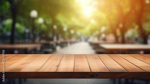 Empty Wooden Table with a Blurred Outdoor Cafe Background. Generative ai