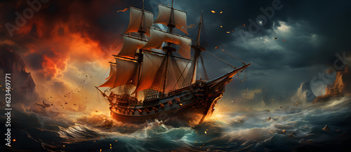an illustration of a pirate ship fighting with the waves Generated by AI