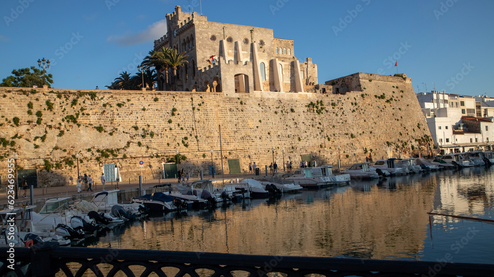 Ciutadella Menorca marina Port sunset town hall and cathedral