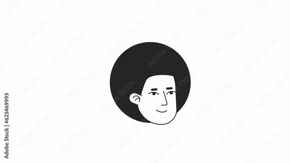Afro hairstyle smiling man bw outline 2D avatar icon animation. Afro guy monochrome linear cartoon 4K video, alpha channel. African american man happy animated person head isolated on white background
