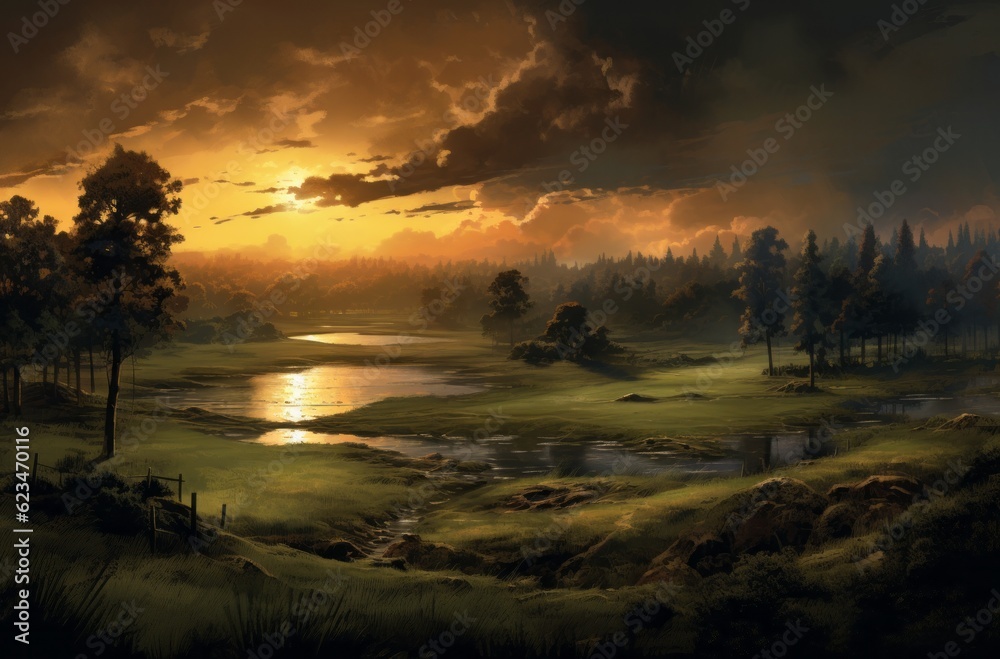Serene Sunset at the Green and Bronze Golf Course: A Cabincore Delight with Bold Shadows, Generative AI