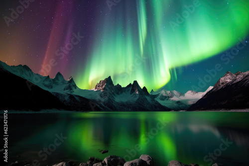 Spectacular Northern Lights Over Majestic Peaks. Generative AI © AIproduction