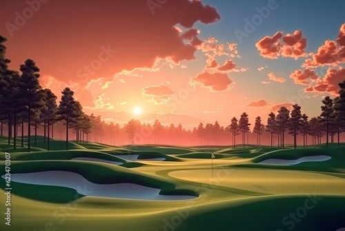 Majestic Sunset at the Golf Course: Vibrant Colors, Lush Trees, and Serene Beauty, Generative AI