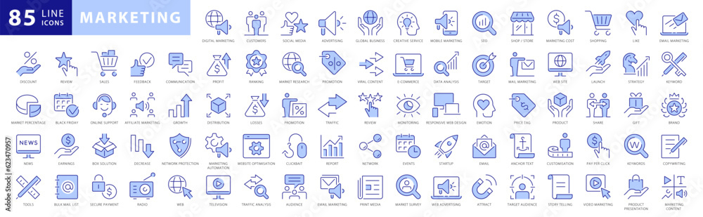 Marketing Blue Line Icons Set. Content, Search, Strategies, Marketing, Ecommerce, Branding, Seo, Electronic Devices, Reports, Analysis, Social and more Vector Line icons Collection - obrazy, fototapety, plakaty 