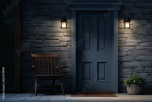 Cozy Winter Retreat: Doorway with Lamp and Wooden Chair in Light Navy and Dark Gray, Generative AI