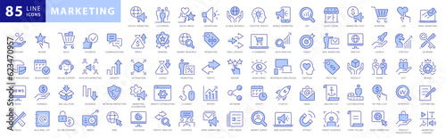 Marketing Blue Line Icons Set. Content, Search, Strategies, Marketing, Ecommerce, Branding, Seo, Electronic Devices, Reports, Analysis, Social and more Vector Line icons Collection