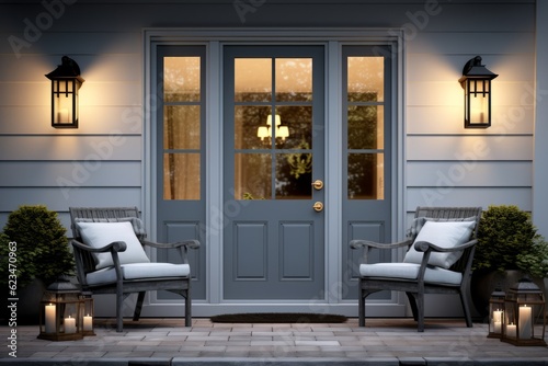 Cozy Winter Welcome: Gray Front Door with Outdoor Furniture and Festive Holiday Decor, Generative AI © ParinApril