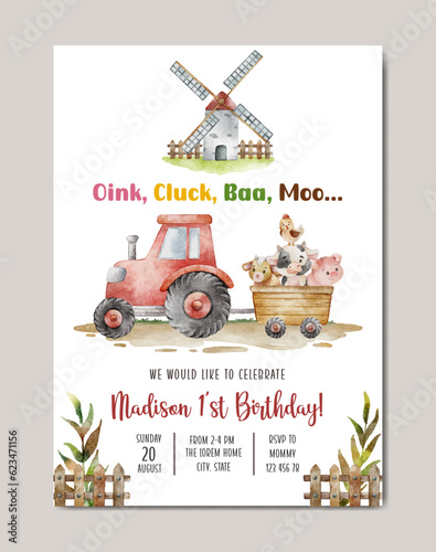 birthday invitation card with farmland theme watercolor background