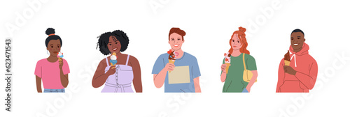 Group of different teenagers with ice creams. Vector flat cartoon illustration