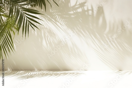tropical palm foliage leaf sunlight shadow on white wall for hygiene organic cosmetic, skincare, beauty treatment product background