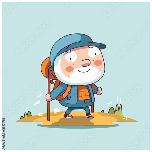 Smiling old man with a beard hiking in the nature. Funny cartoon character, grandpa with a backpack having an outdoor adventure