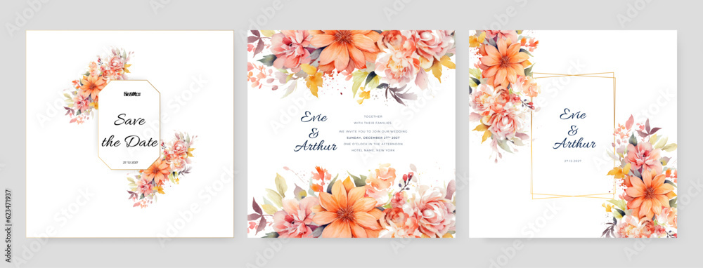 Elegant wedding invitation template with romantic pink dried floral and ...