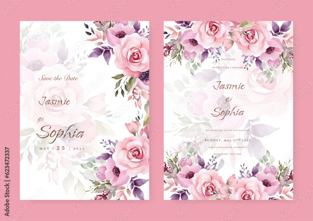 Elegant floral and leaves wedding invitation card template