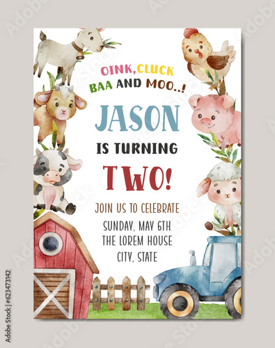 birthday invitation card with farmland theme watercolor background