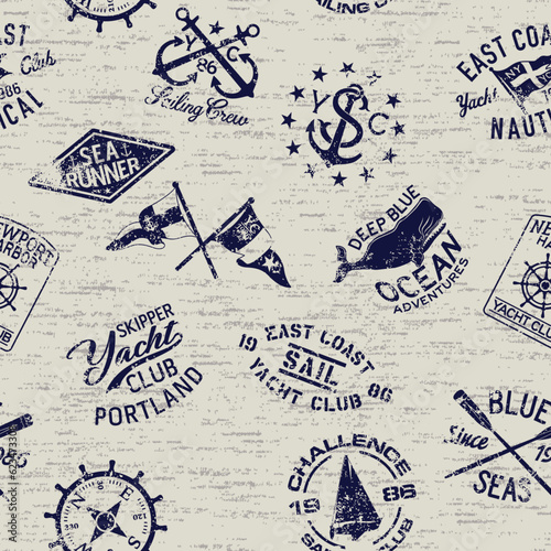 East coast nautical sailing badges and elements melange wallpaper vector seamless pattern grunge effect in separate layers