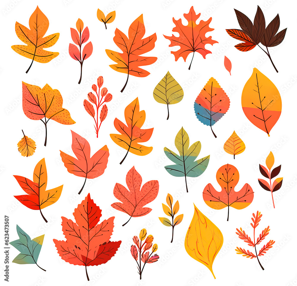 Vivid autumn leaves, isolated collection on white background, illustration in cartoon style Vivid autumn leaves, isolated collection on white background, illustration in cartoon style