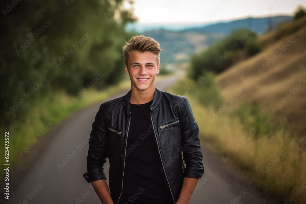 Three-quarter studio portrait photography of a satisfied boy in his 30s wearing a chic jumpsuit against a winding country road background. With generative AI technology Three-quarter studio portrait photography of a satisfied boy in his 30s wearing a chic jumpsuit against a winding country road background. With generative AI technology