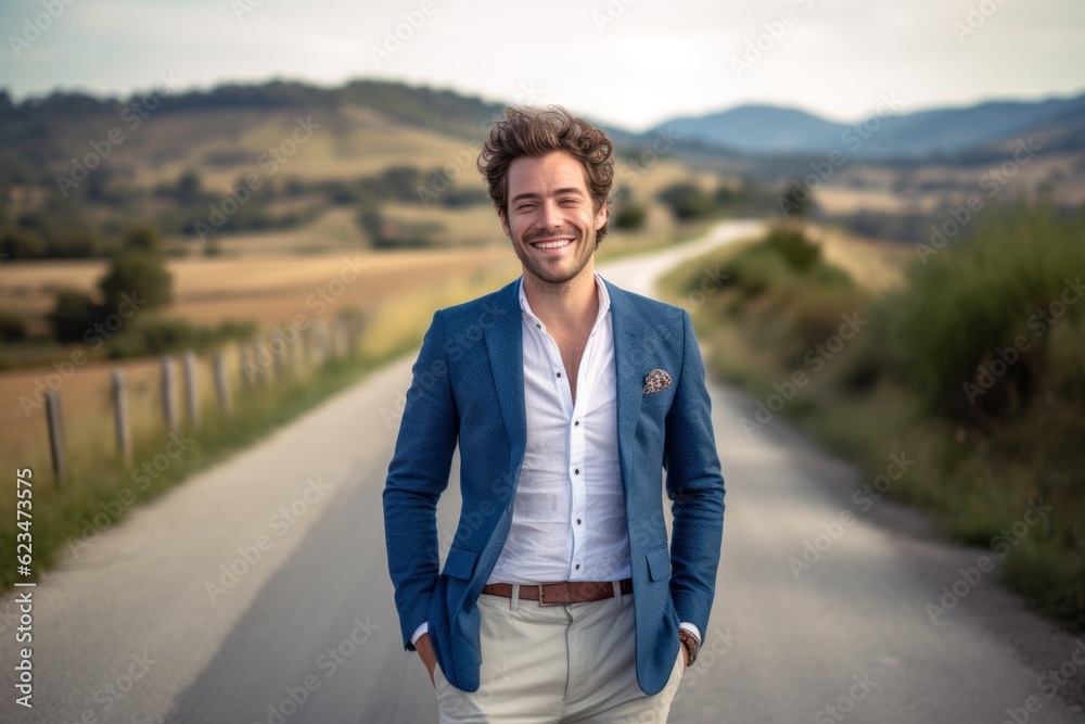 Three-quarter studio portrait photography of a satisfied boy in his 30s wearing a chic jumpsuit against a winding country road background. With generative AI technology Three-quarter studio portrait photography of a satisfied boy in his 30s wearing a chic jumpsuit against a winding country road background. With generative AI technology