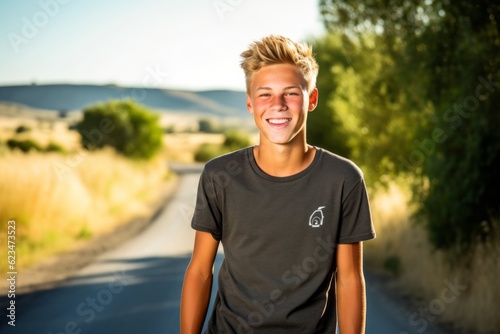 Three-quarter studio portrait photography of a happy boy in his 30s wearing a casual t-shirt against a winding country road background. With generative AI technology