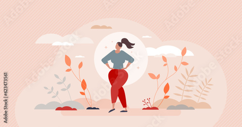 Body positive attitude for female with wide hips figure tiny person concept. Confidence and self appreciation to respect yourself and be proud of shape vector illustration. Happy and beauty posing.
