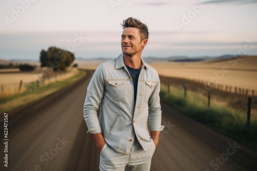 Three-quarter studio portrait photography of a satisfied boy in his 30s wearing a chic jumpsuit against a winding country road background. With generative AI technology