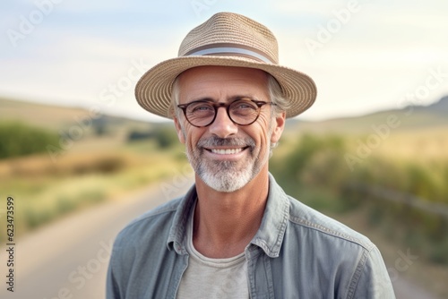 Studio portrait photography of a glad mature man wearing a stylish sun hat against a winding country road background. With generative AI technology