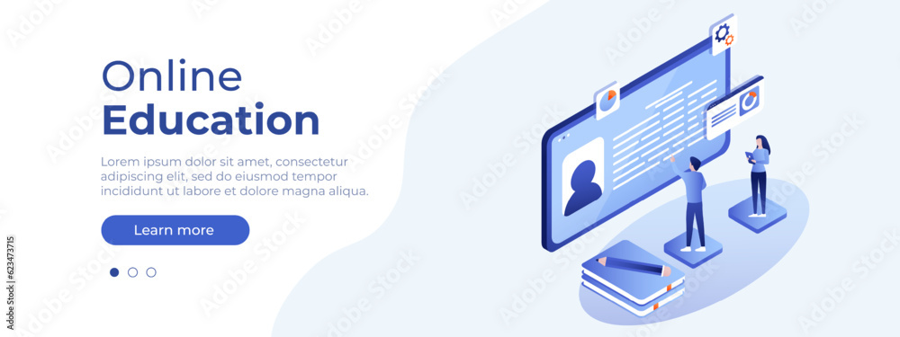 Online education concept. Vector layout for website page. Illustration in isometric style with people studying remotely. Students learning online. Vector illustration EPS 10