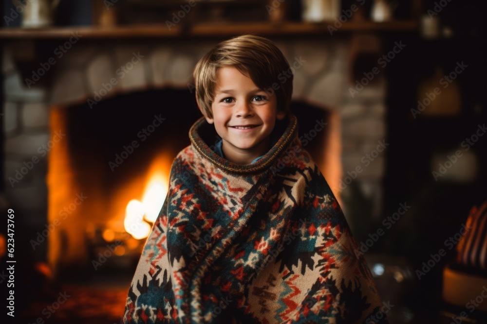 Lifestyle portrait photography of a glad boy in his 30s wearing a unique poncho against a cozy fireplace background. With generative AI technology Lifestyle portrait photography of a glad boy in his 30s wearing a unique poncho against a cozy fireplace background. With generative AI technology