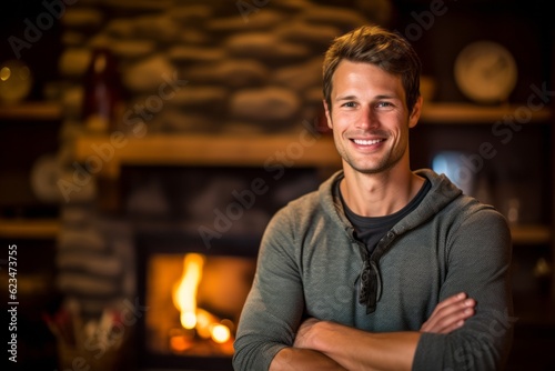 Sports portrait photography of a glad boy in his 30s wearing a casual t-shirt against a cozy fireplace background. With generative AI technology