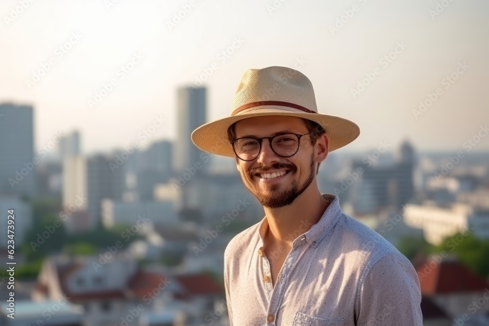 Medium shot portrait photography of a glad boy in his 30s wearing a stylish sun hat against a futuristic cityscape background. With generative AI technology Medium shot portrait photography of a glad boy in his 30s wearing a stylish sun hat against a futuristic cityscape background. With generative AI technology