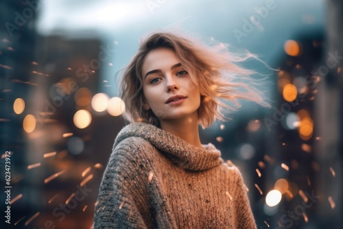 Photography in the style of pensive portraiture of a joyful mature girl wearing a cozy sweater against a futuristic cityscape background. With generative AI technology © Markus Schröder