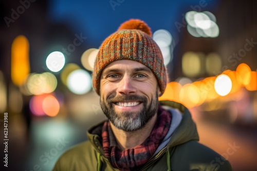 Headshot portrait photography of a satisfied boy in his 30s wearing a warm beanie or knit hat against a carnival background. With generative AI technology