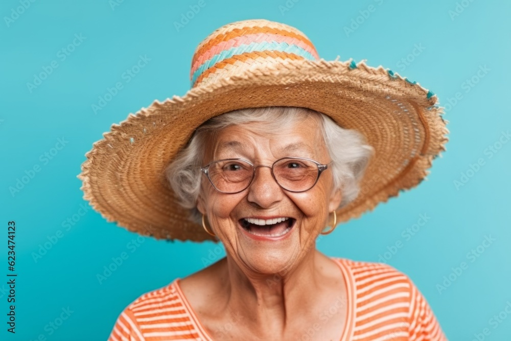 Studio portrait photography of a glad old woman wearing a trendy bikini and straw hat against a carnival background. With generative AI technology