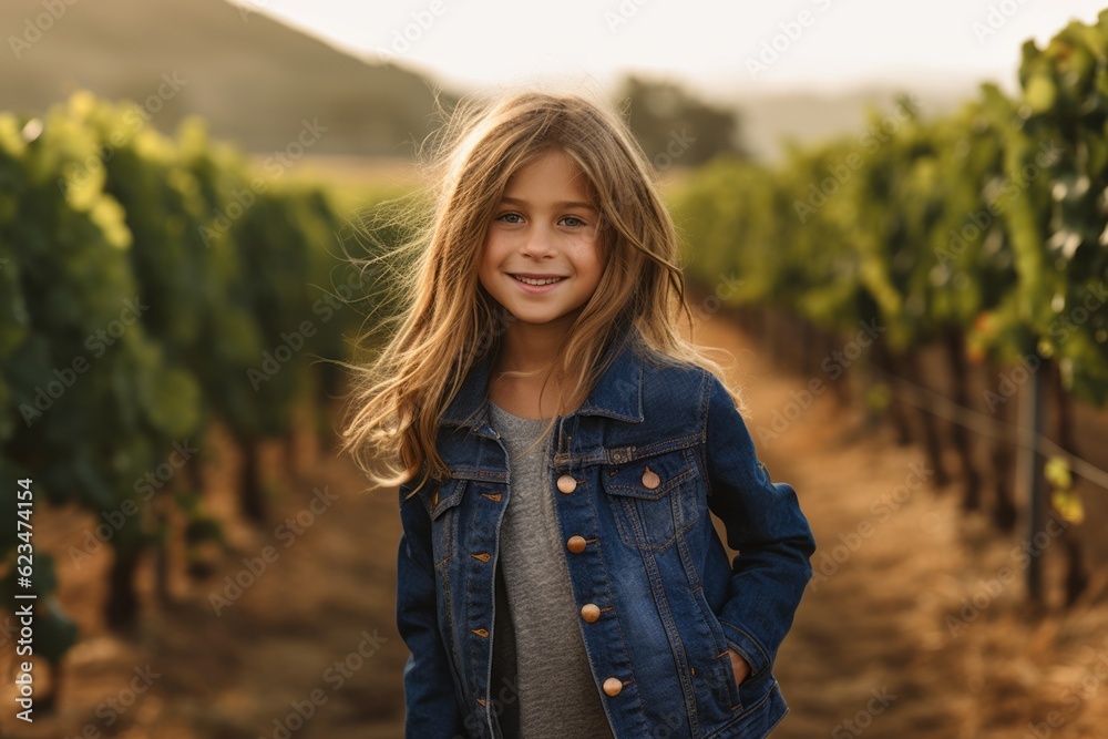 Lifestyle portrait photography of a glad kid female wearing a denim jacket against a vineyard background. With generative AI technology Lifestyle portrait photography of a glad kid female wearing a denim jacket against a vineyard background. With generative AI technology