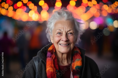 Close-up portrait photography of a glad old woman wearing a chic cardigan against a carnival background. With generative AI technology © Markus Schröder