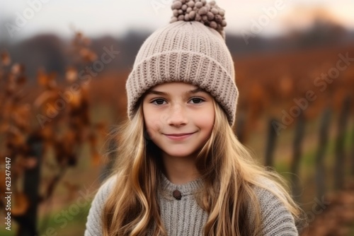 Medium shot portrait photography of a glad kid female wearing a warm beanie or knit hat against a vineyard background. With generative AI technology